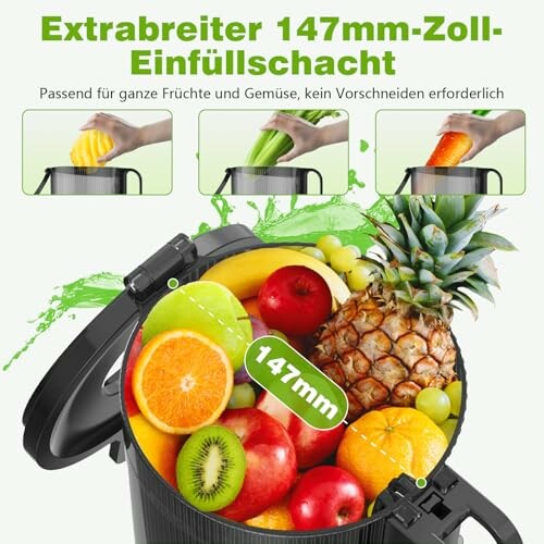 Extracteur de jus avec large ouverture pour fruits entiers.