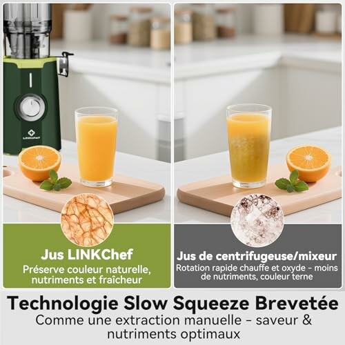 Comparaison entre un extracteur de jus et une centrifugeuse avec verres de jus d'orange.