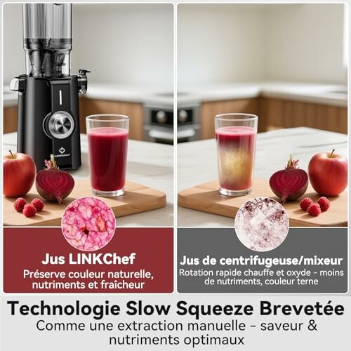 Comparaison entre un extracteur de jus et une centrifugeuse avec des jus et des pommes.