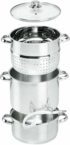 Batterie de cuisine en acier inoxydable avec couvercle et passoire.